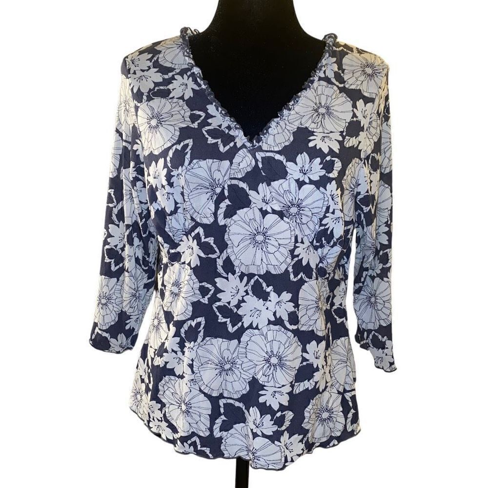 Old‎ Navy Navy Blue Floral Blouse | 3/4 Sleeve V-Neck Top | Size XL